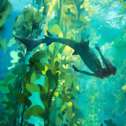 image of a mermaid with a shark-like tail swimming through kelp